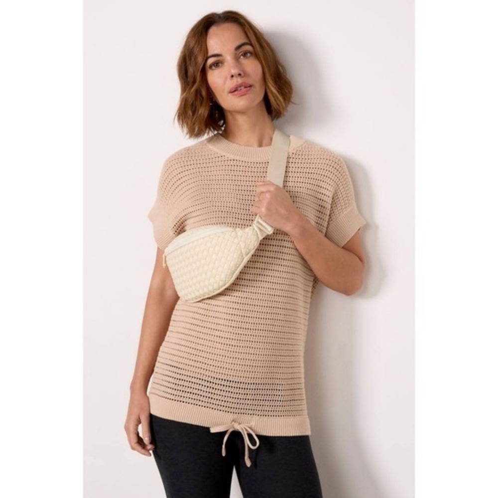 Varley Corvallis Knit Top‎ Women Medium Beige NWOT Open Knit Drawstring Hem